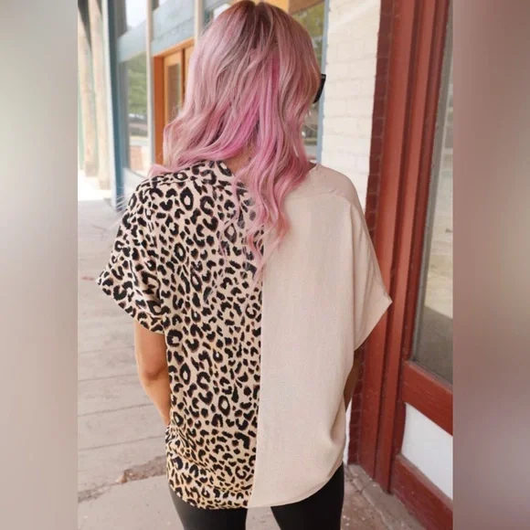 Khaki Contrast Leopard Color Block Top - Picture 3 of 5